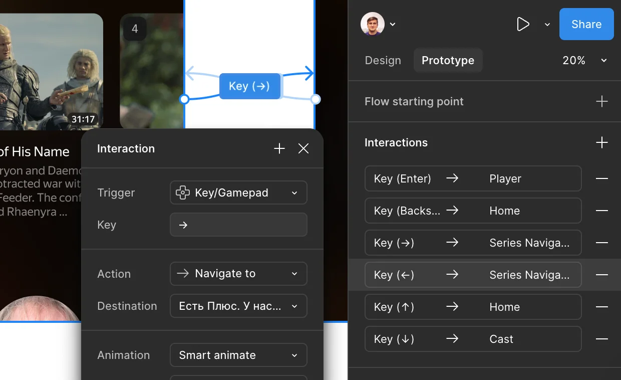 Figma UI explaining how to set prototype for using on the TV screens