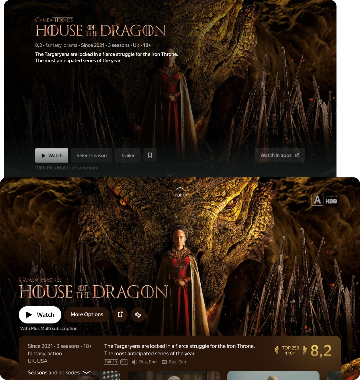 Summary comparison of an old and a new series page based on 'House of the Dragon' series as an example