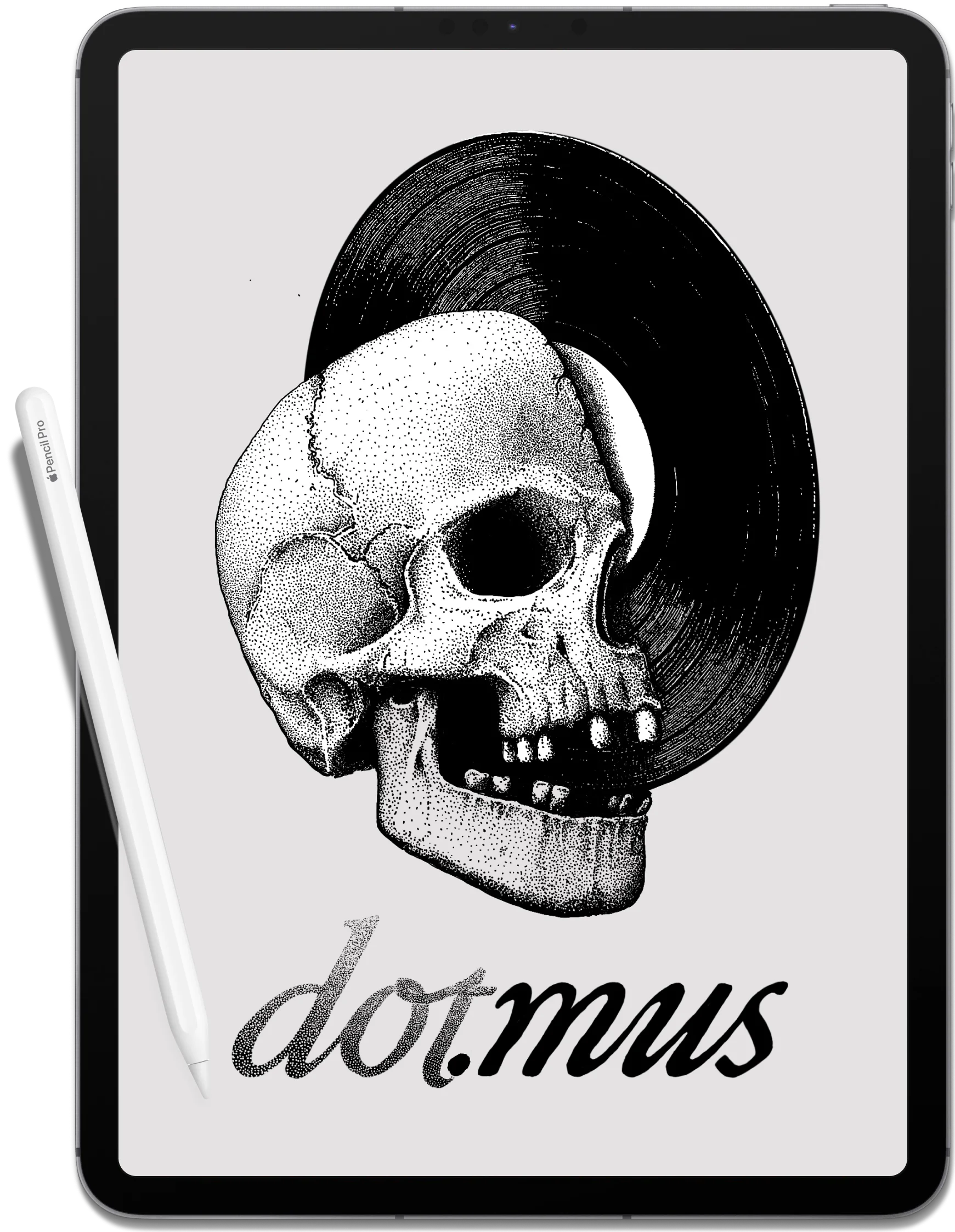 Ipad with a dotwork style ilustration of a scull with a vinyl record